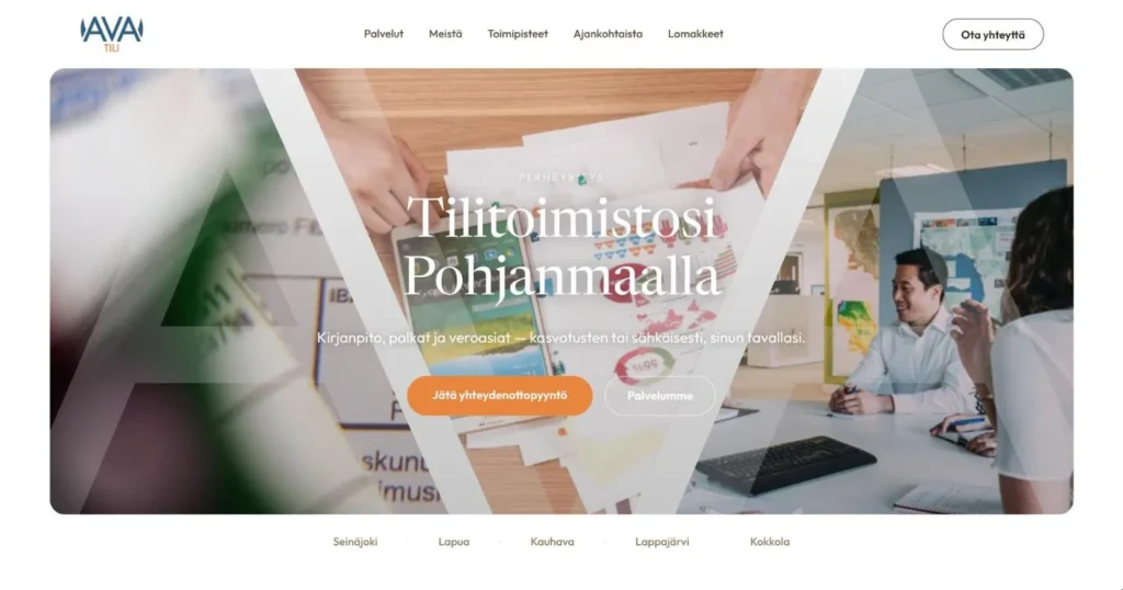 AVA Tili's new website: the front page's first screen