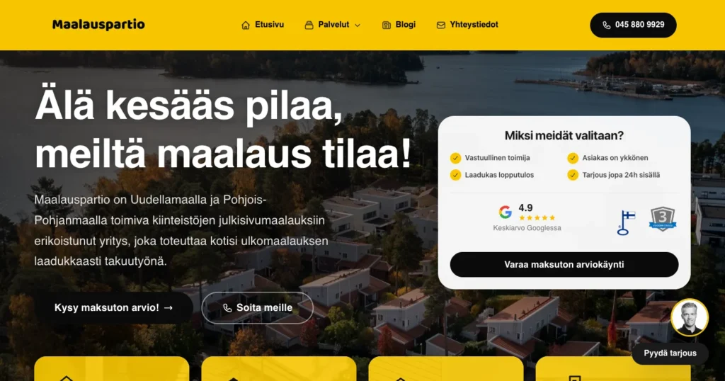 Maalauspartio's new website: the front page's first screen