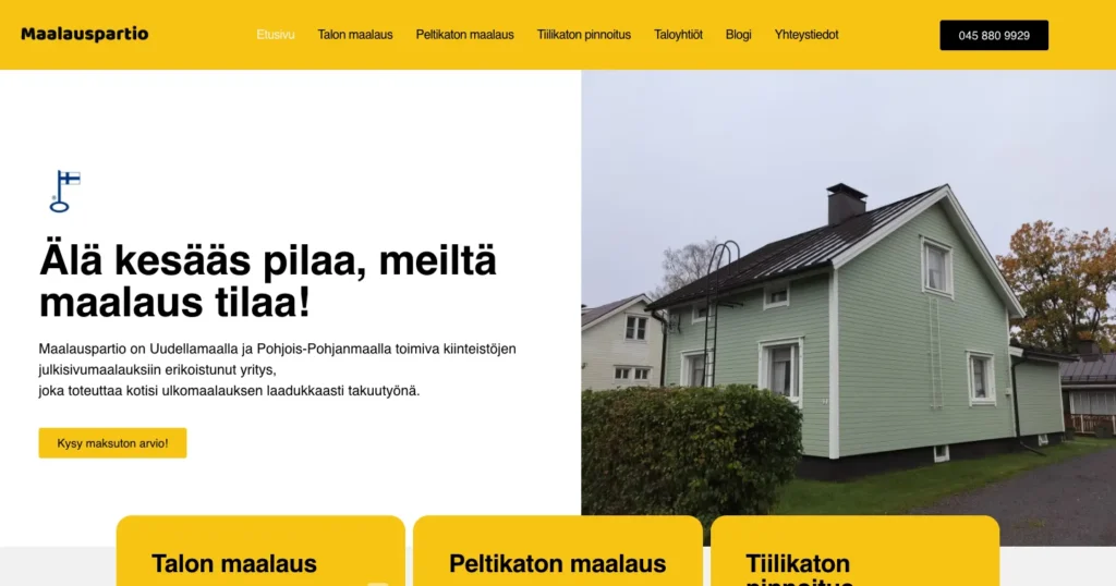 Maalauspartio's website before: the front page's first screen