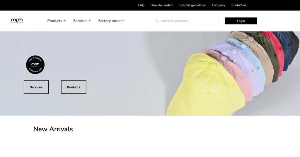 MPH Headgear's new website: the front page's first screen