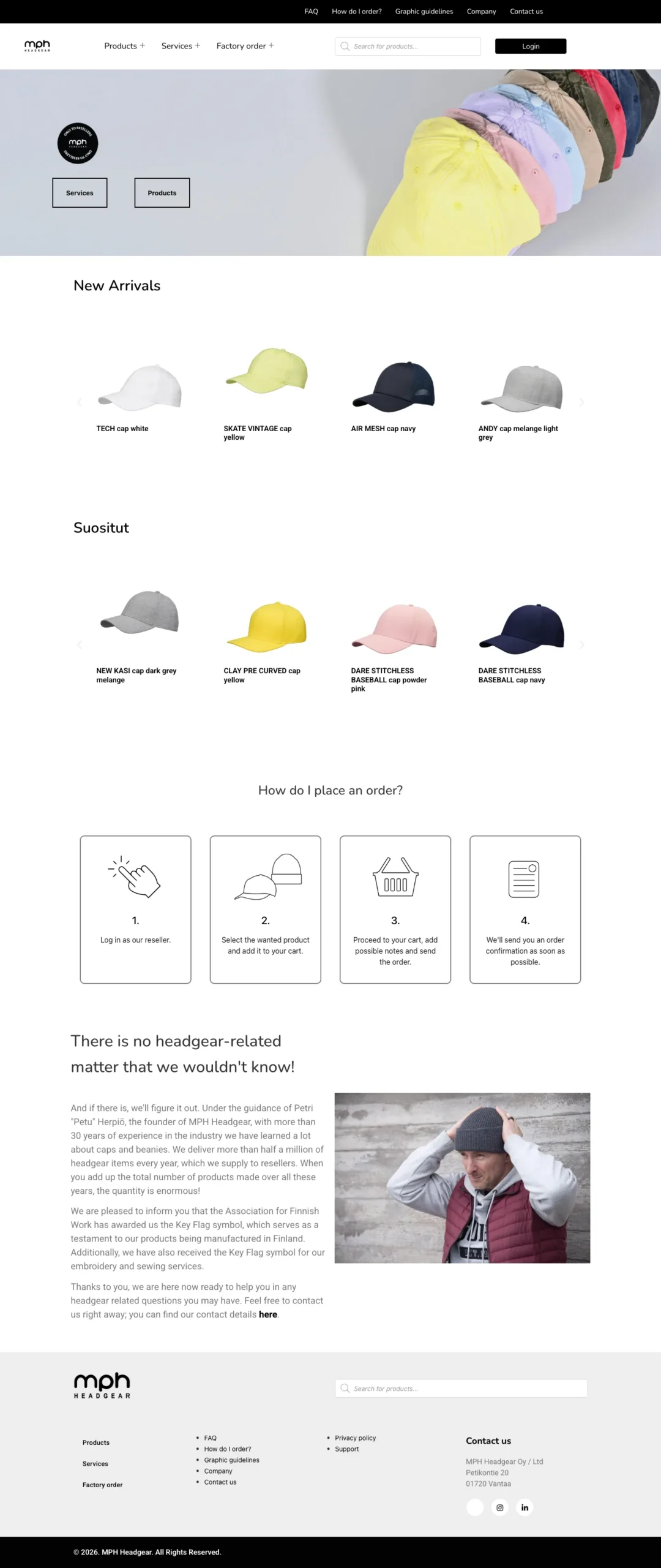 MPH Headgear's new front page, from top to bottom