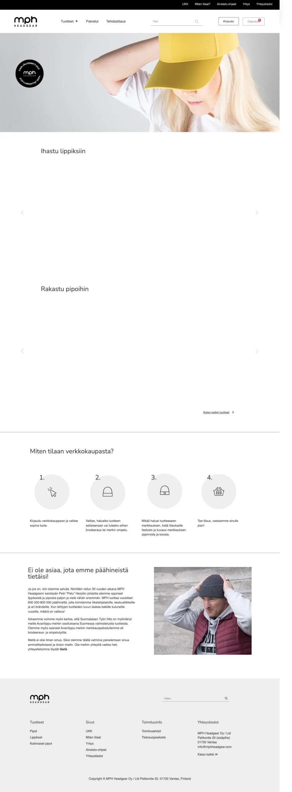 MPH Headgear's old front page, from top to bottom