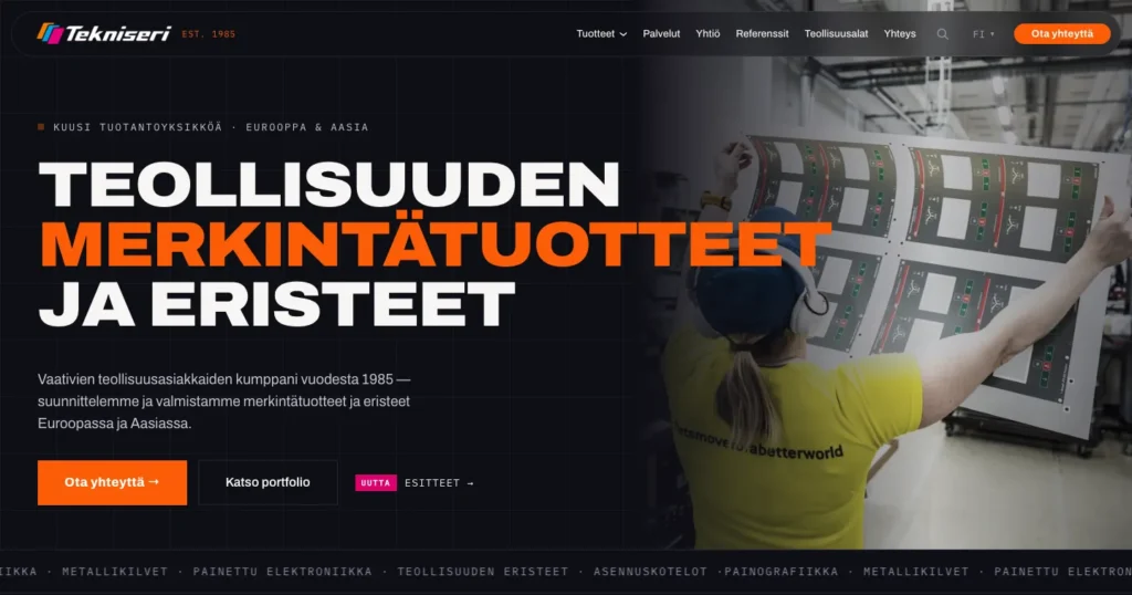 Tekniseri's new website: the front page's first screen